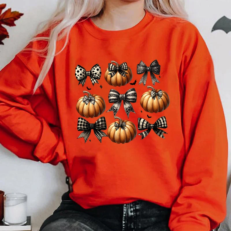 Halloween Pumpkin Bow Print Sweatshirts Round Neck Tops For Women Pullovers Long-sleeved Autumn And Winter Halloween Pullovers