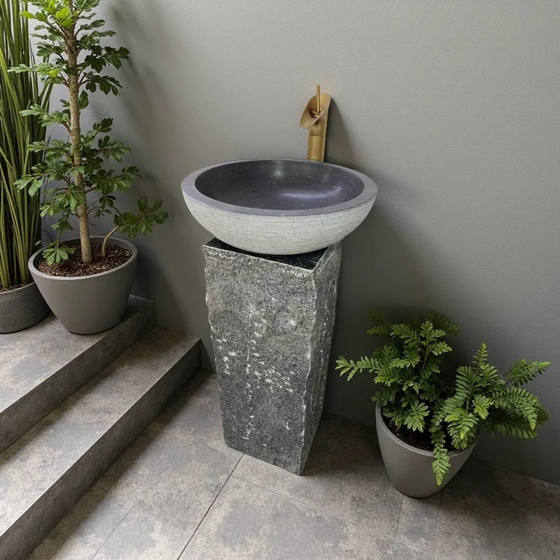 

S*& Single-Hole Bathroom Sink Black Easy-Clean Stone Pedestal Sink Natural Granite Wash Basin Outdoor Stone Wash Basin