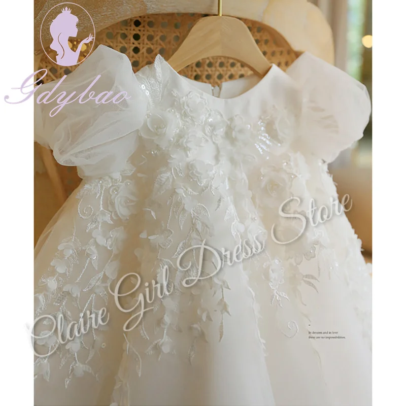 Customized Ivory Flower Girl Dress For Wedding Short Sleeves Appliques With Bow Princess Birthday Party First Communion Gown