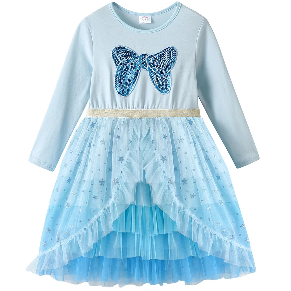 VIKITA Hellblaues Langarmkleid für Mädchen mit funkelnder Paillettenschleife, Kinder-Glitzer-Stern-Tüll-Mesh-Schicht-Prinzessinnen-Tutu-Kleider – Detail 2