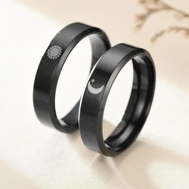 Anillos de pareja de sol y luna a la moda para mujeres, hombres y adolescentes, anillo de pareja emparejado de acero inoxidable, regalos de joyería de moda para fiesta y boda