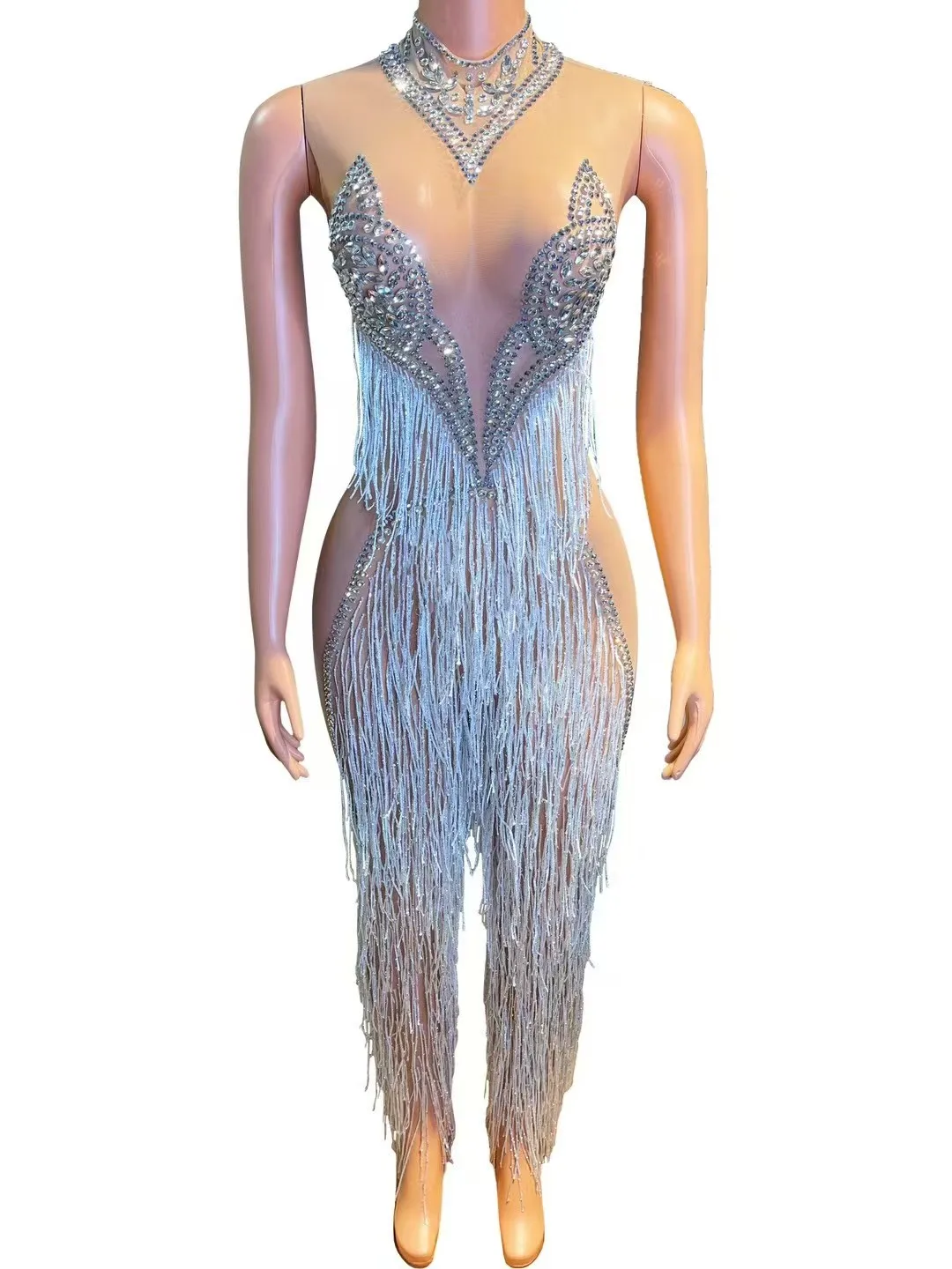 

Sexy Perspective Mesh Tassel jumpsuit Nightclub D.Bar Female Singer Dance Team Stage PerformanceClothing Party Theme Show A905