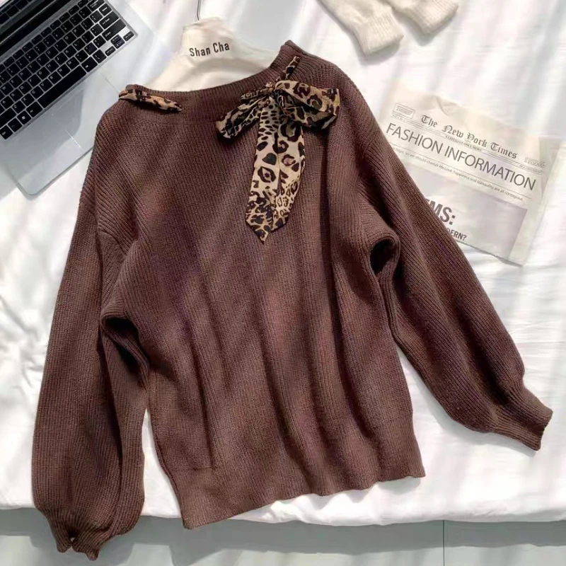 

Zjaiss Long Sleeved Sweater 2025 French Style Slanted Collar Leopard Print Lace Up Pullover Autumn Winter Loose Knit Warm Tops