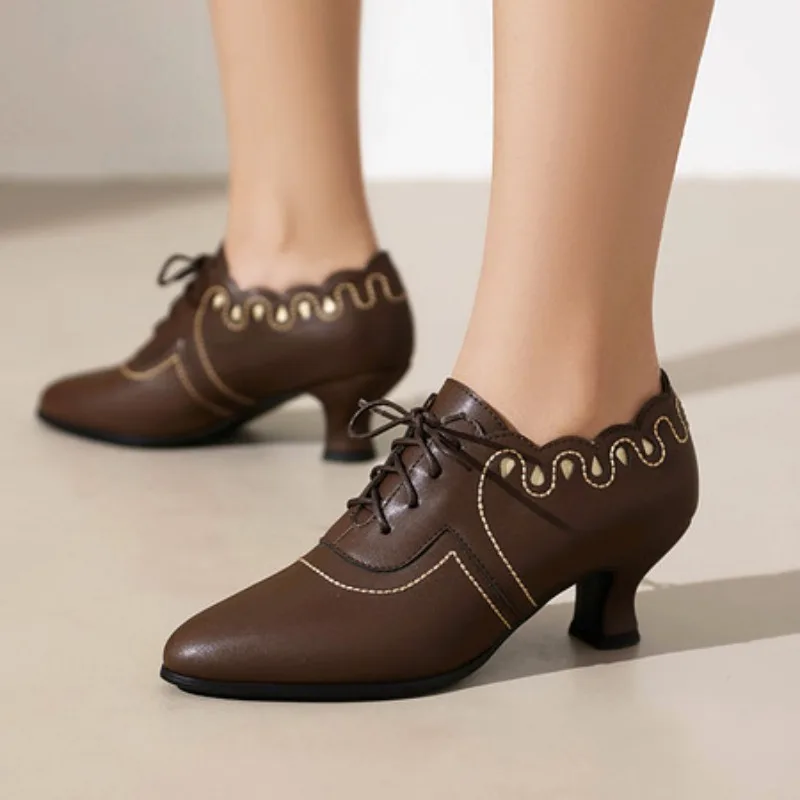 

New Cutout Spring Vintage Women Pumps Round Toe Small Heels 3cm Lace Up Strap Large Size 42 43
