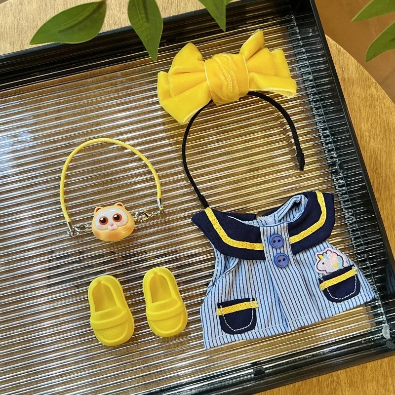 

Only Doll Clothes Yellow Bow Headband Blue Dress Set for 17cm Labubu Dolls with Shoes & Bag Accessories Cute Outfit