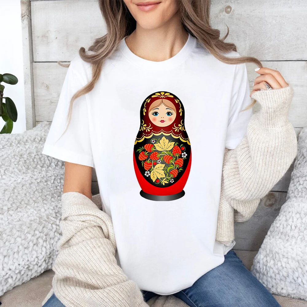 

Russian Matryoshka T-shirt Lovely Nesting Matryoshka Short Sleeve Cute Porcelain Babushka Slavic Folk Art Black Shirt Tees Tops