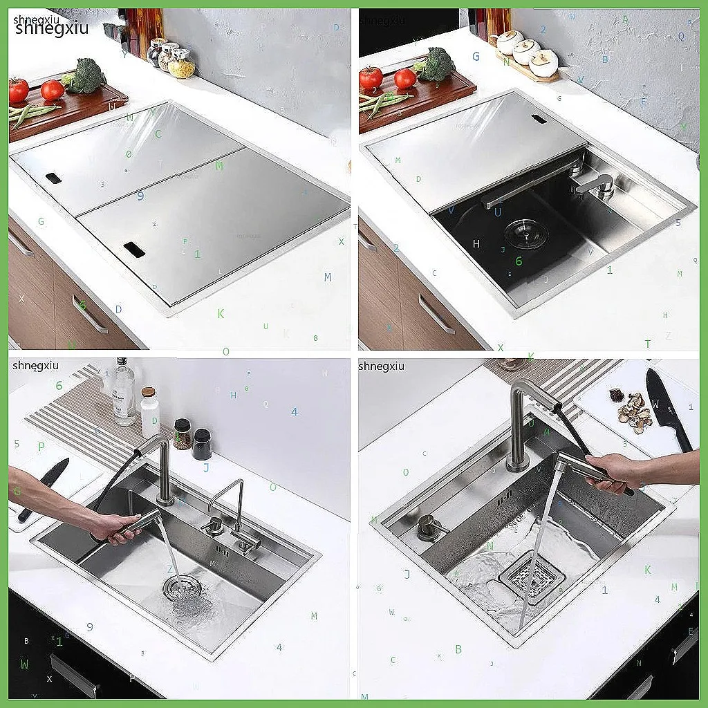 Modern Stainless Steel Kitchen Sink with Cover & Drainer, Single Bowl Light Luxury Design, Hidden Undermount