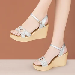 8cm Fashion Comfortable Silver Crystal Platform Wedges Shoes  2024 Womens High Heels Sandals for Office Wedding Party Daily