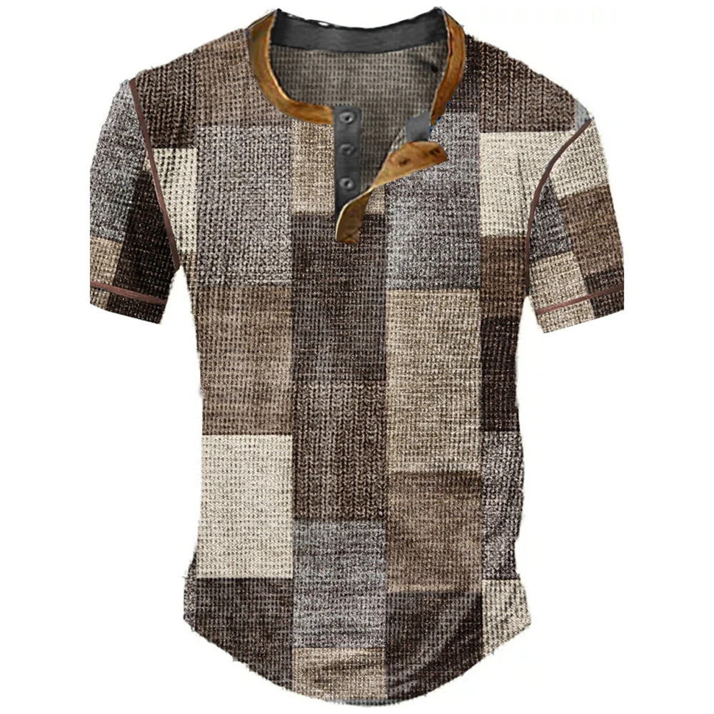 Farbblock-Patchwork Grafik 3D-Druck Henley-Shirts Herren Vintage Mode Übergroße Kurzarm T-Shirts Männer Oberteile Kleidung – Detail 5