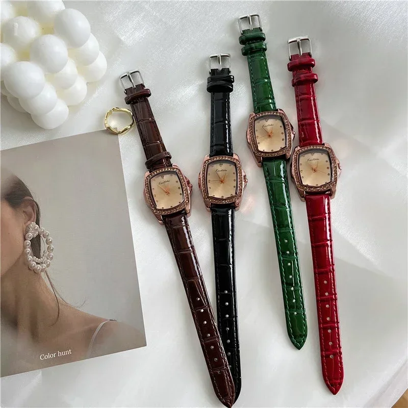레트로 스퀘어 쿼츠 럭셔리 다이얼 캐주얼 손목 시계, 가죽 스트랩 패셔너블 시계 여성용 방수 손목 시계
