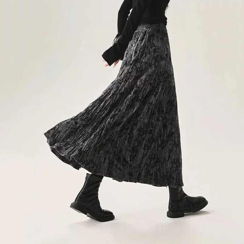 Koreanische Chic Falten Midi Rock Frau Herbst Hohe Taille Tie Dye Casual Rock Y2K Winter Elegante Büro Dame Alle Spiel EINE Linie rock