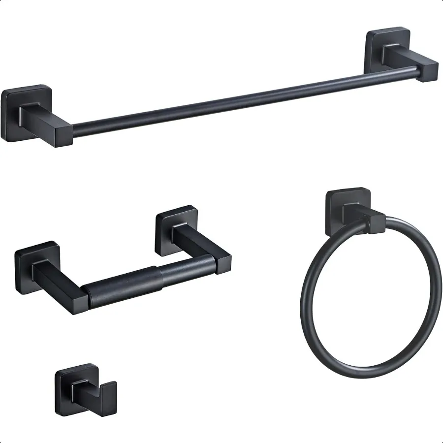 Matte Black Bathroom Hardware Set 4 PiecesTowel Bar Set Stainl Steel Wall Mounted Includes 16In Hand Towel Bar Towel Ring Robe
