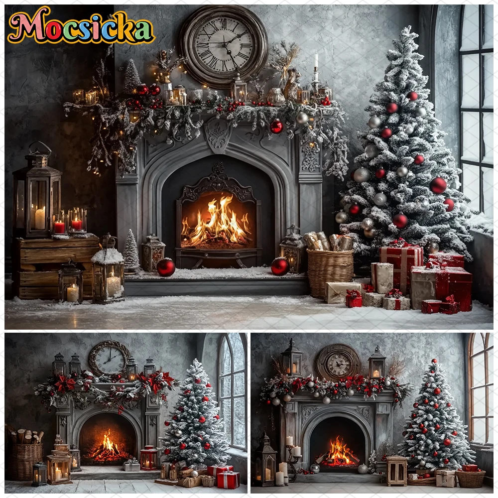 Mocsicka Weihnachtskamin-Fotografie-Hintergrund, Vintage-Graue-Wand, Schnee, Weihnachtsbaum-Hintergrund, Familien-Weihnachtsmann-Porträt, Foto-Requisiten