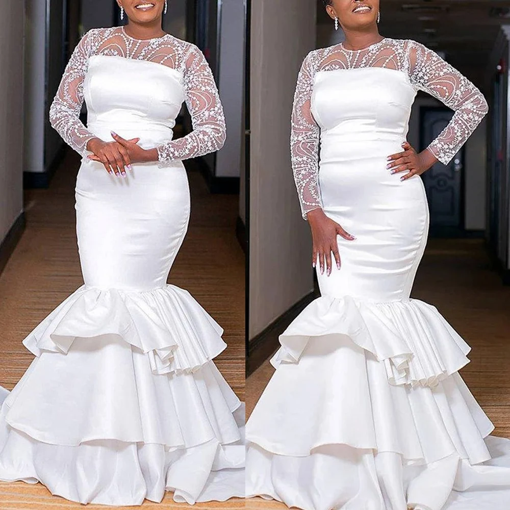 Vestidos de casamento sereia para meninas negras, decote transparente, manga comprida, apliques, vestidos de noiva, vestido branco personalizado, trem em camadas