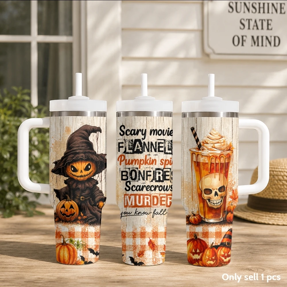 Cozy Autumn Halloween Magic Vacuum Flasks 40oz Portable Stainless Steel Tumbler with Handle Straw Double Wall Leakproof Mug