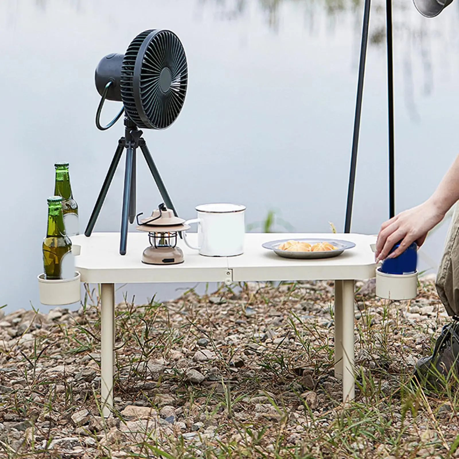 Mesa portátil para exteriores con portavasos y asa para Camping y barbacoa