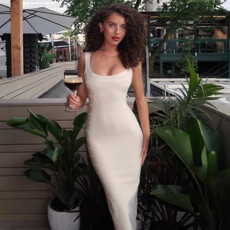 

Light Luxury Striped Bandage Dress With Square Neckline, Sleeveless, Fit, Mid-Length, Low-Cut, Waist-Cinching, Backless,
