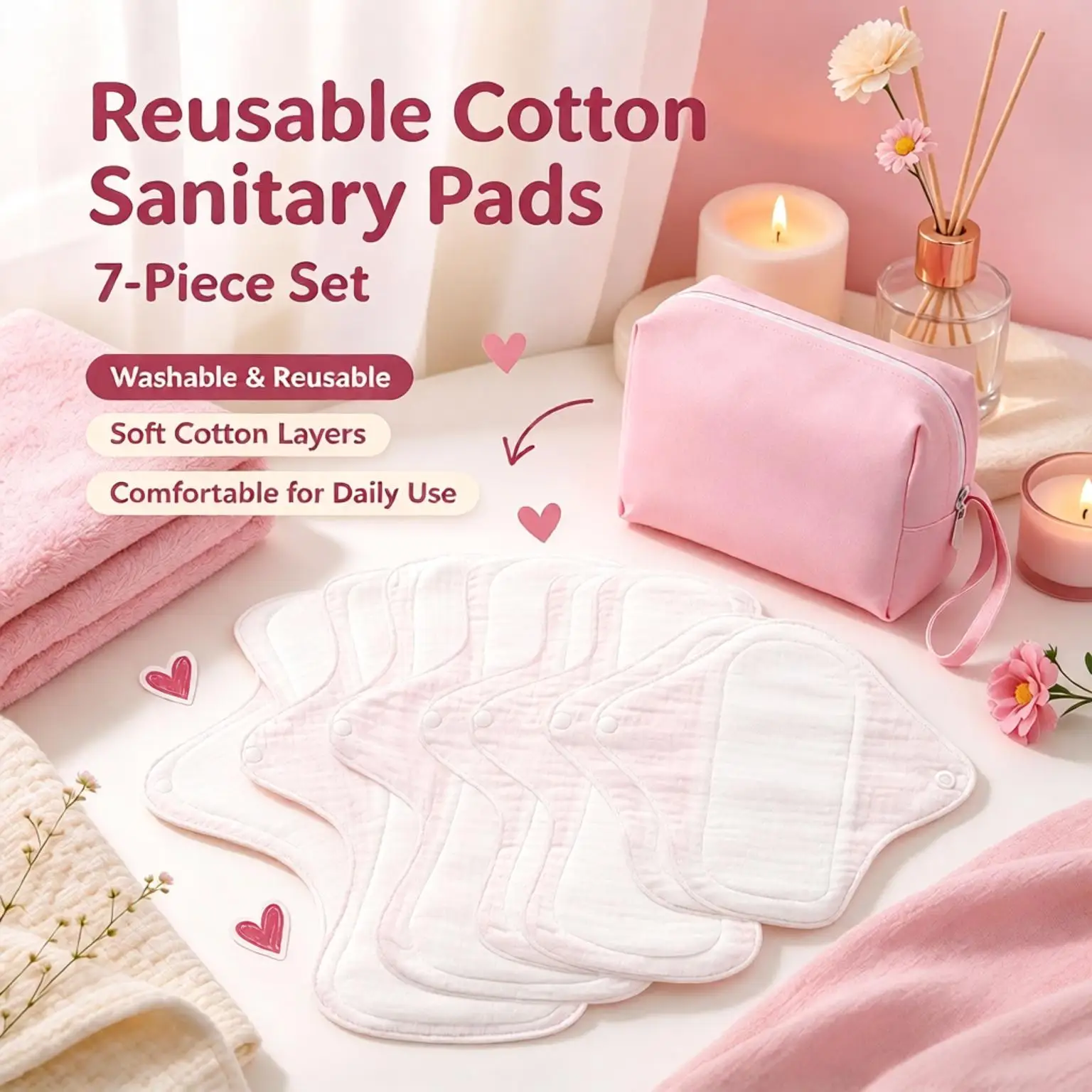 7Pcs Washable Reusable Cloth Sanitary Pads Set Cotton Yarn Menstrual Postpartum Pads Absorbent Leakproof Soft Breathable