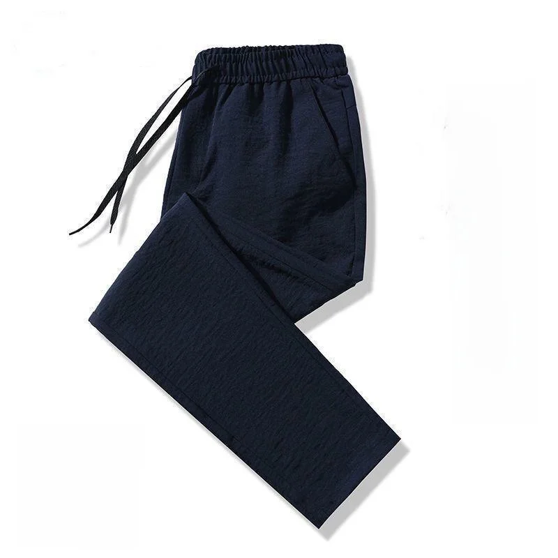 

Men's Casual Sports Pants Ice Silk Elastic Loose Straight Leg Summer Trendy Trousers mid Waist Stand Thin All Seasons