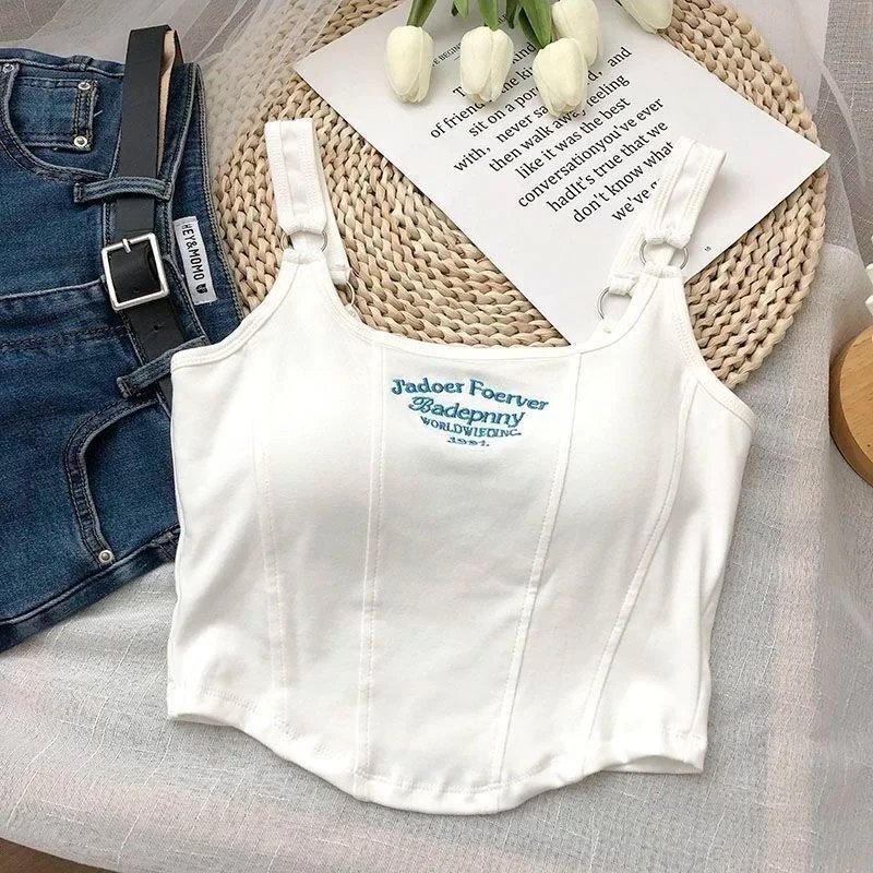 2024 girls vest letters print strap metal buckle Korean fashion crop tops sleeveless vest streetwear kids clothes 3 to 16 years