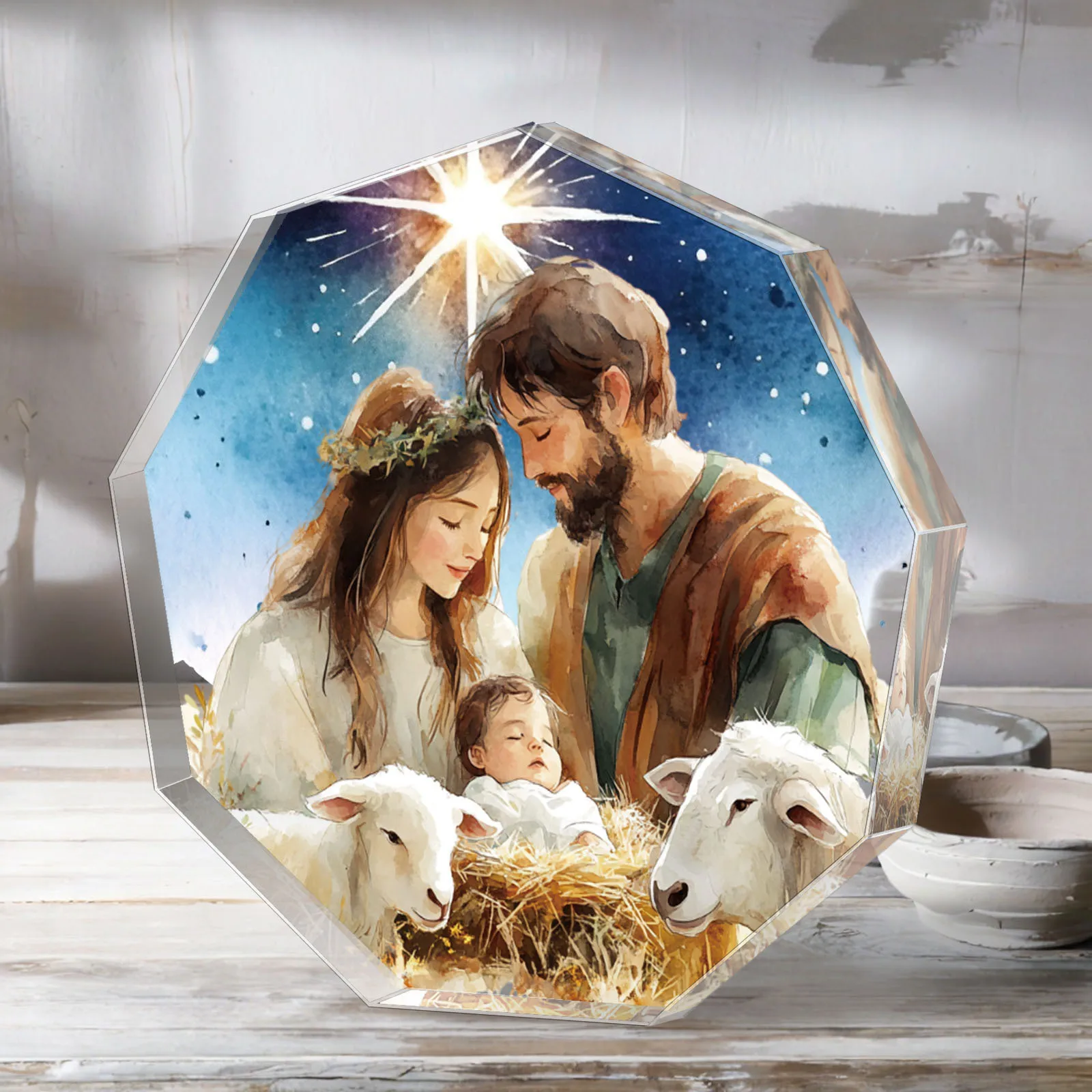 2D， Acrylic Desktop Decoration - Watercolor Nativity Scene, Suitable for Home, Bedroom, Living Room Decoration, Gifts
