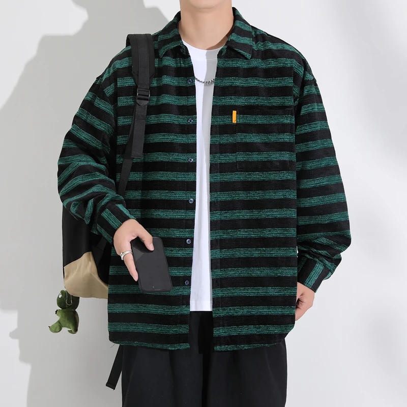 

American Stripe Men's Long Sve Loose Casual irt Spring Autumn New Sle Teenage Trendy Brand Polyester Cotton Blend