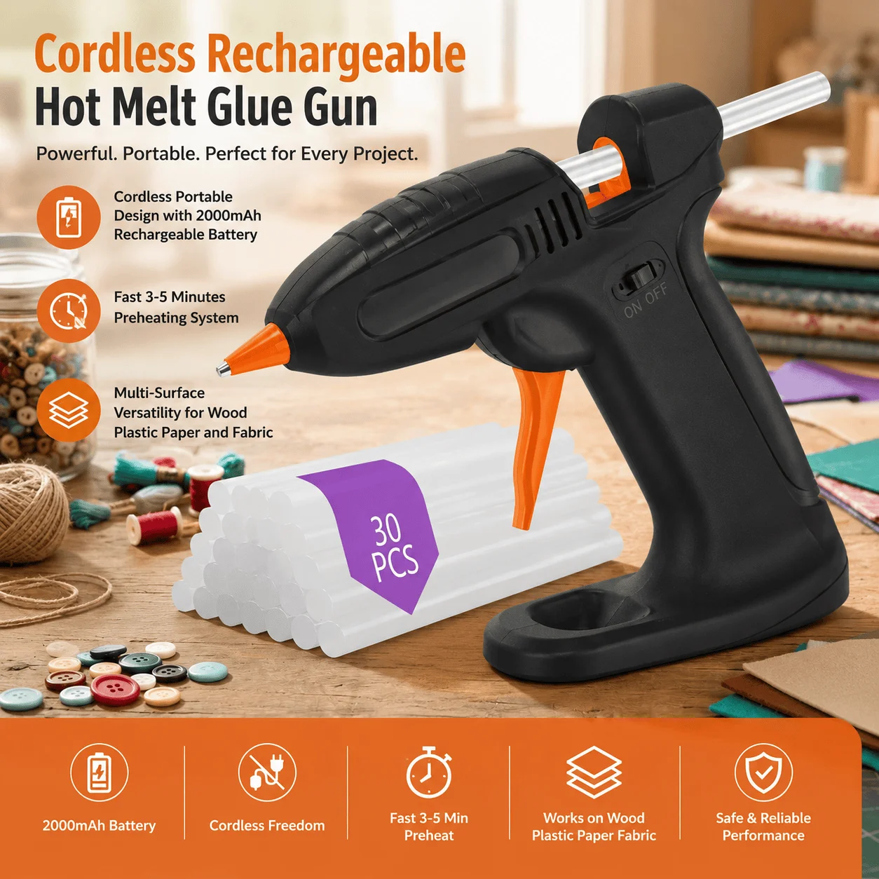 Cordless Glue Gun Rechargeable Hot Melt Gun With 2000Mah Lithium Battery Fast Preheating Wireless Portable Mini Glue Gun For Diy Crafts Home Repair School Projects Multi Surface Ergonomic Lightweight Design Tool Kit Professional High Quality Versatile