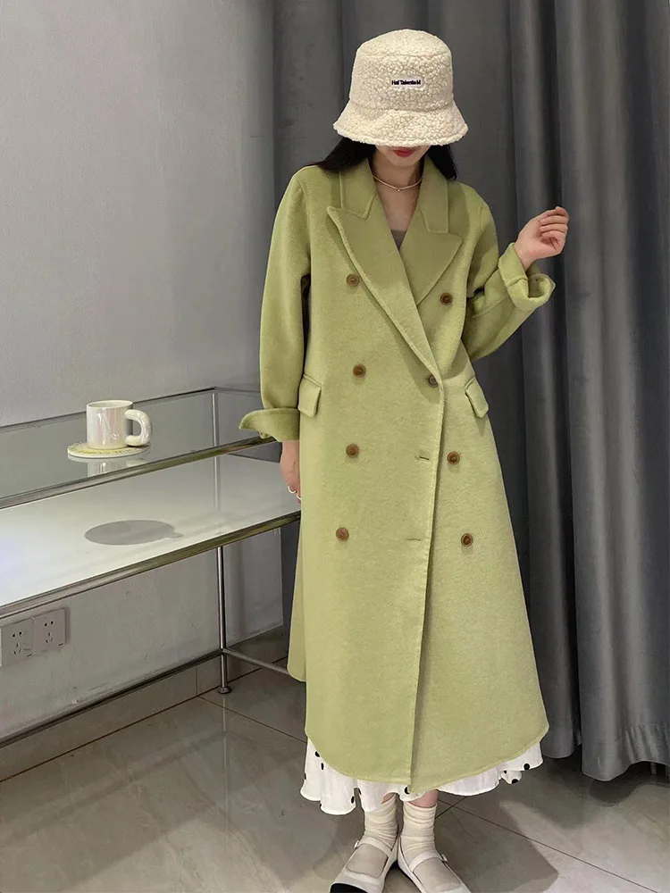 

New Green Color Vintage Hand-sewed Double-sided Wool Coat Women Fashion Natural Wool Coat Lapel Loose Long Jacket Autumn Winter