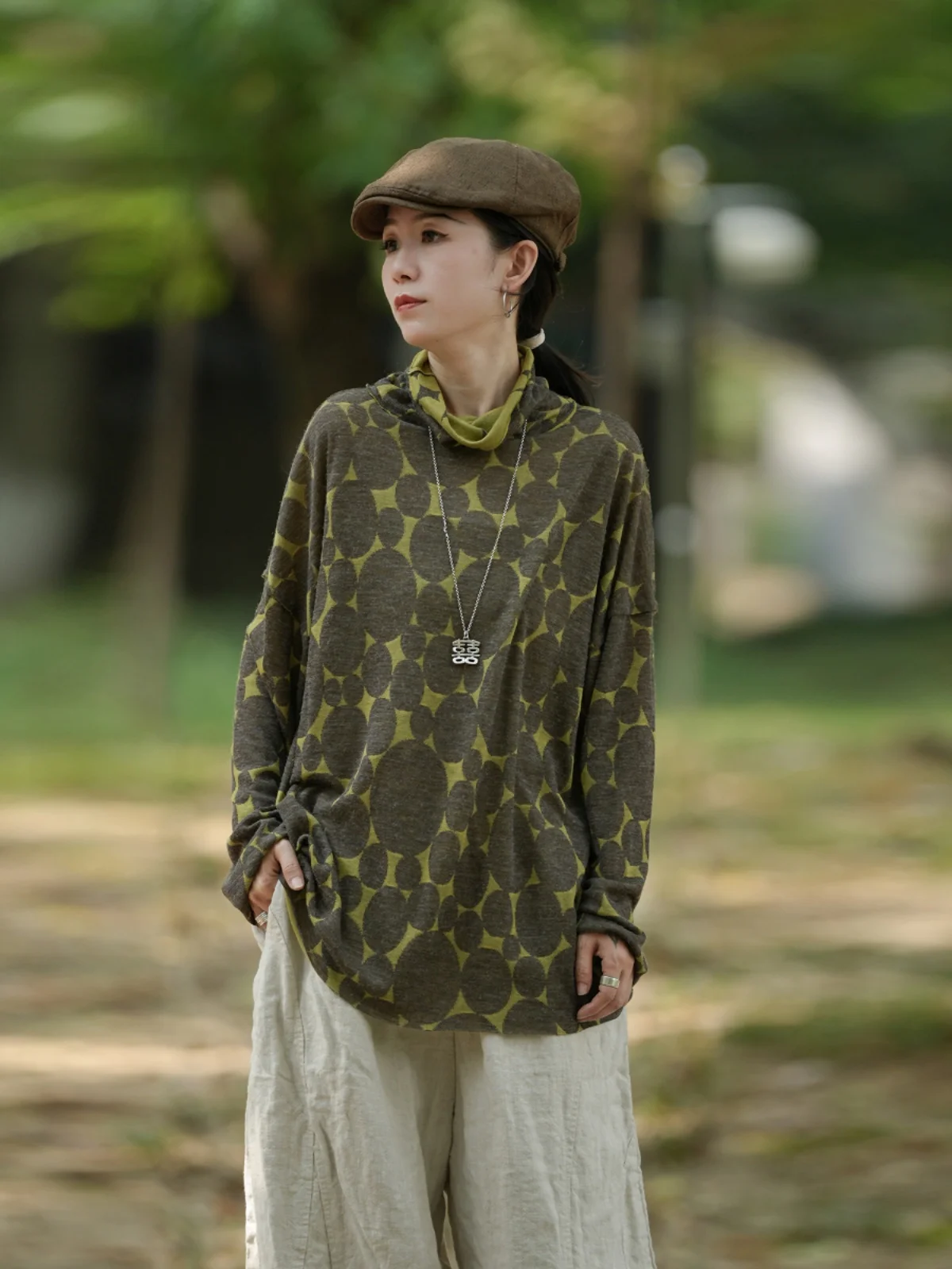 

Двусторонняя футболка из шерсти и хлопка, стандартной длины, с высоким воротником, длинными рукавами, осенняя, повседневная, женская футболка