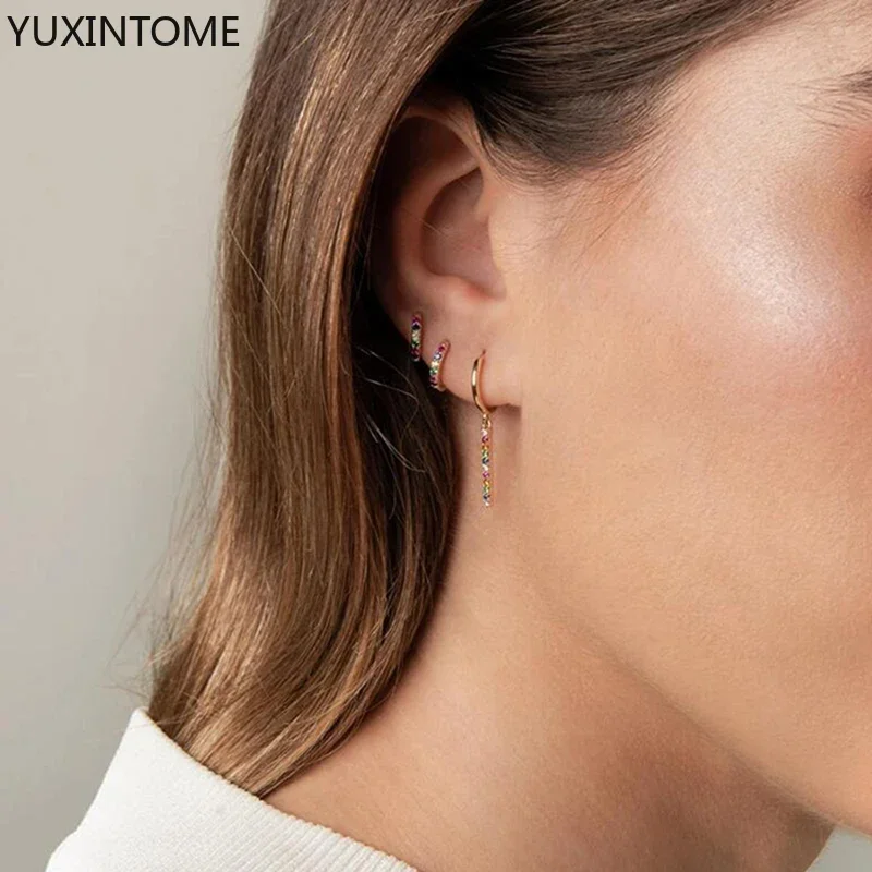 925 Silber Nadel Zirkon Creolen für Frauen Bunte Kristall Huggie Ohrringe Winzige Ohrringe Aretes Ohr Creolen Modeschmuck