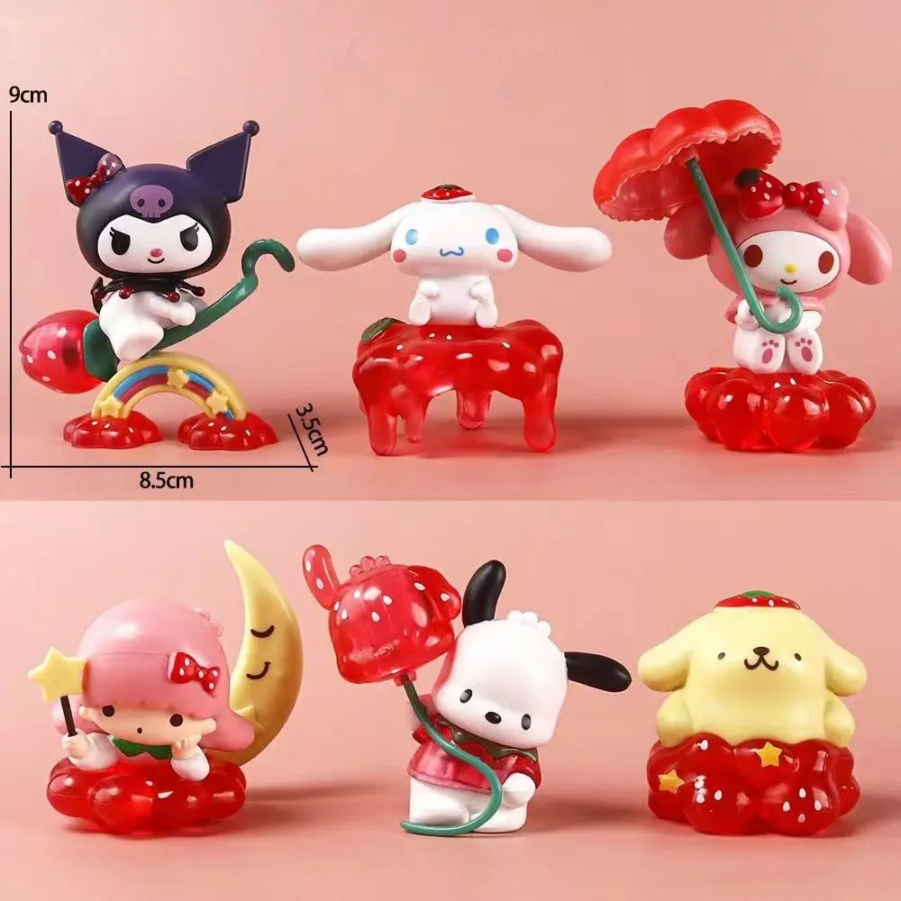 6 pcs Cute Sanrio Strawberry Paradise Kuromi Kawaii Model Trendy Play Cinnamoroll Desktop Ornament DIY Decoration Girl Gift