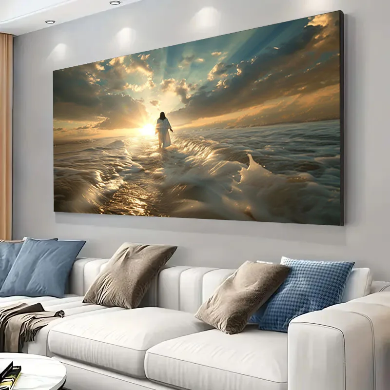 

Jesus Walking By The Sea Canvas Print Modern Religious Peaceful Seaside Scene Wall Art Poster for Modern Living Room Home Decor