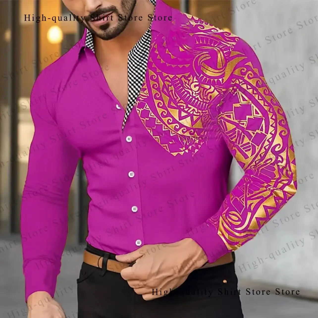 

Men's long sleeved button up shirt, fashionable gold collar shirt, soft, comfortable, lightweight, plus size men's clothing