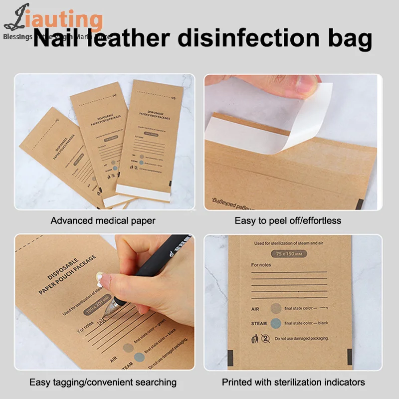 Sac en papier Kraft auto-scellant, 10 pièces, sac de désinfection jetable, outils pour ongles, stérilisateur, sacs de manucure, pochette de stérilisation
