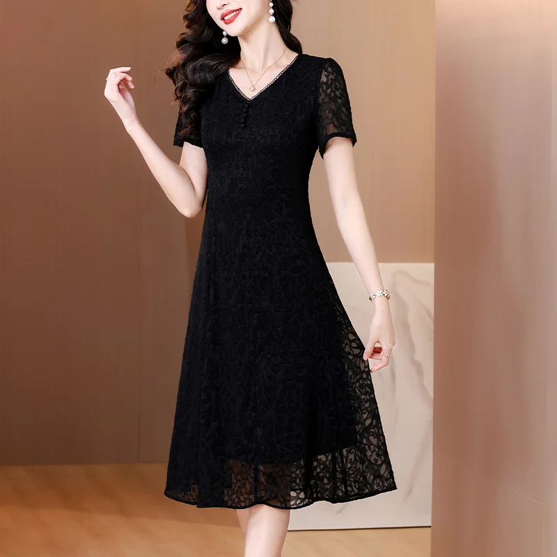 

Women Vintage V-neck Lace Hollow Out Sexy Dress 2025 Elegant Bodycon Party Vestido Spring Summer Black Short Sleeve Midi Dresses