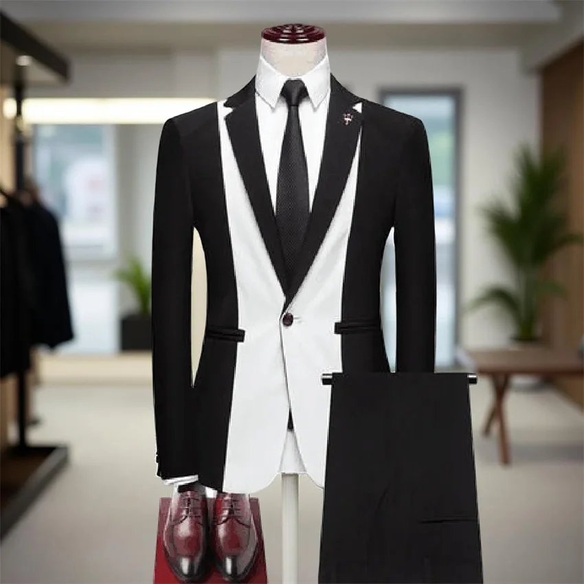 

Black and White Men Suits One Button 2 Pieces Set Groom Tuxedo for Groom Fashion Jacket Pants Formal Occasion Custom Male Suit