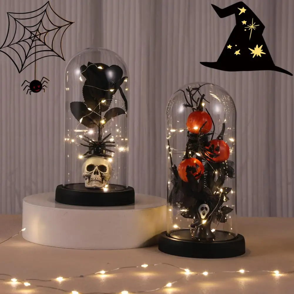 Haunted House Decoration Handmade Halloween Decor Eternal Black Roses Light-up Skull Glass Cloche for Halloween Home for Kitchen