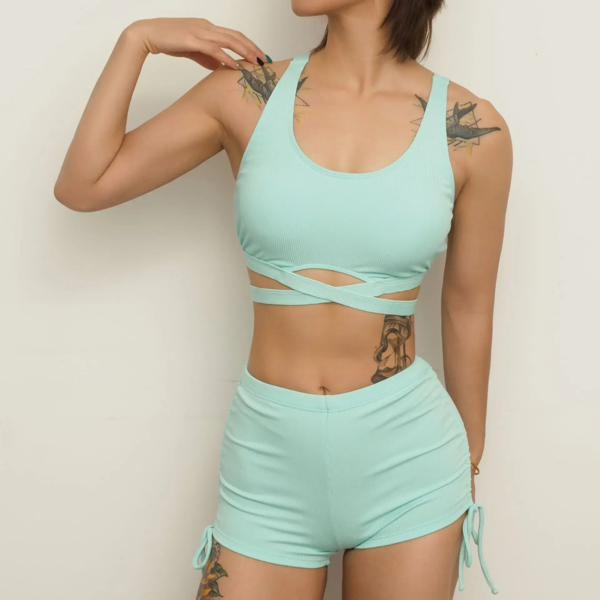 2025 New 2 Piece Swimsuit for Women High Waist Solid Color Cross Hollow Out Bikini Set Beach Vacation Backless Bathing Suit