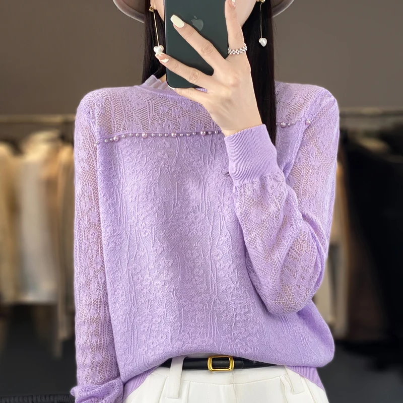 

Autumn New Woolen Sweater Women's Round Neck Long Sleeve Solid Color Hollow Jacquard Explosive Pearl Lace Knit Bottoming Shirt