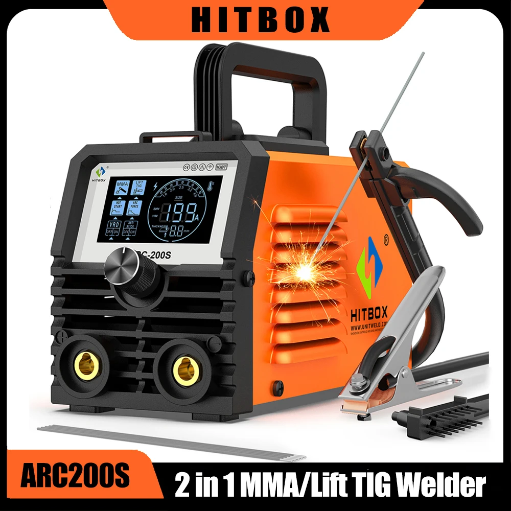 HITBOX ARC200S Mini soudeuse portable 2 en 1 MMA/Lift TIG à onduleur IGBT avec écran LED, VRD, Hot Start, ARC Force, Anti-adhérence pour acier au carbone, fer, tôle galvanisée, acier inoxydable