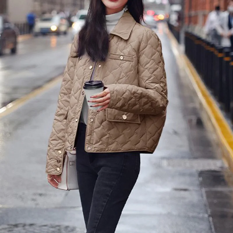 Women's Cream Quilted Puffer Jacket, Short Lapel Lightweight Padded Coat with Gold Buttons, Elegant Preppy Style Outerwear