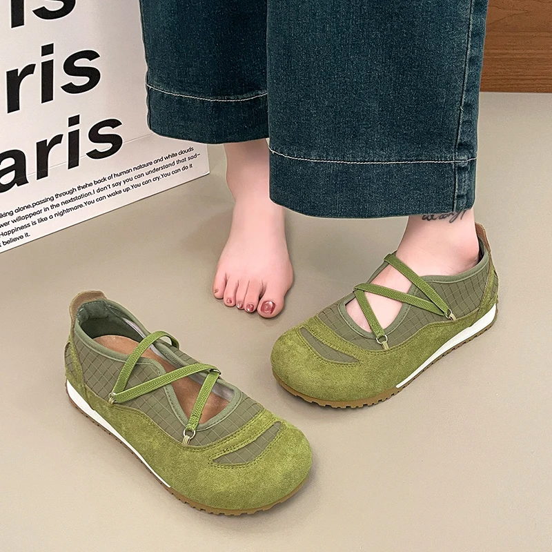 Women Retro Patchwork Mary Jane Trainers Crisscross Elastic Strap Ballet Flat Hidden Low Heel Breathable Casual Walking Sneaker