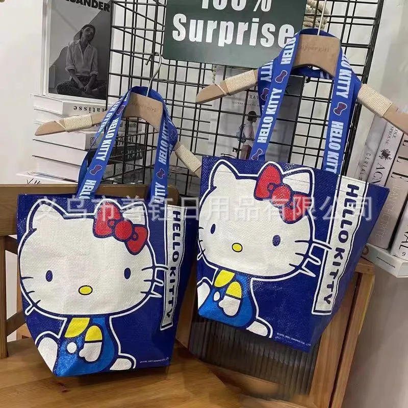 Hello Kitty Peripheral Blue Printed Shopping Bag Przyjazna dla środowiska, ręcznie tkana torba na ramię o dużej pojemności Sanrio Kitty