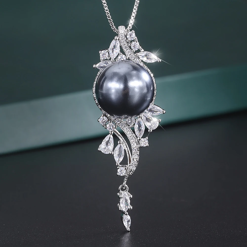 2022 Charms 14mm Black White Big Pearl Pendant Chains Necklace for Women Lab Diamonds Luxury Anniversary Gift Party Fine Jewelry