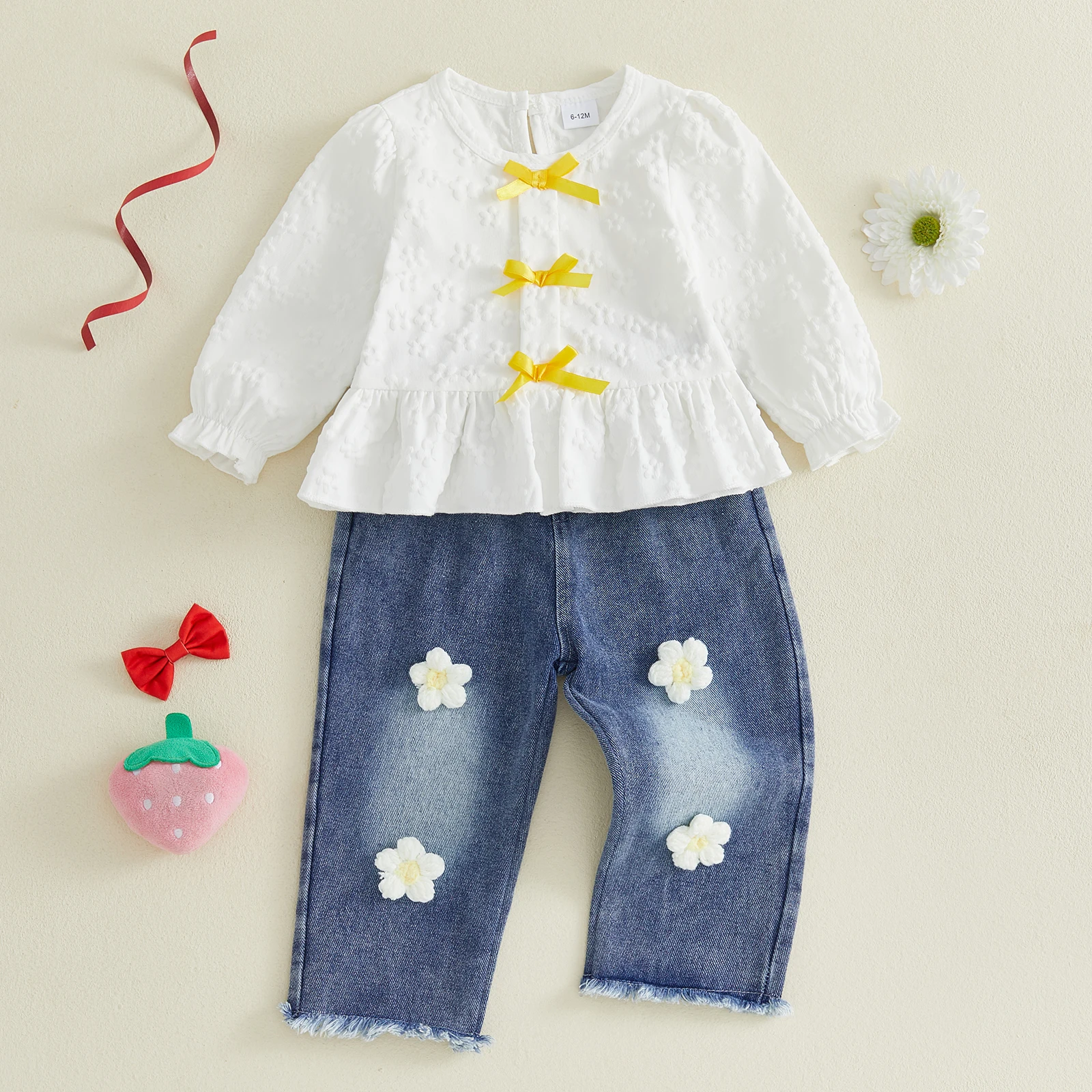2027 Early Autumn Toddler Baby Girl Sweet Outfits Fashion Warmer Bow Long Sleeve Tops Denim Pants 2 Pcs Children's Sets