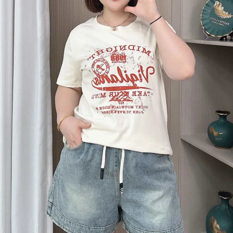 Camiseta de manga curta vintage com gola redonda feminina, camisetas plus size, tops finos e soltos de algodão, verão, novo, 2024