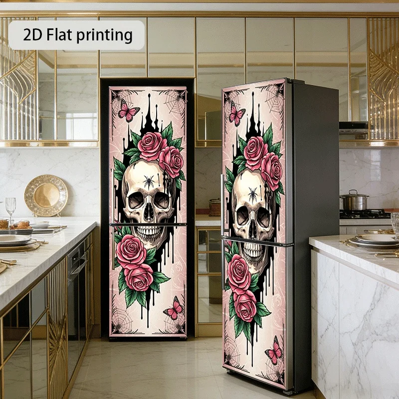 of Refrigerator Sticker with a Skull Rose Butterfly Shadow Theme Design, Self-Adhesive Wall Decoration Wallpaper Suitable for