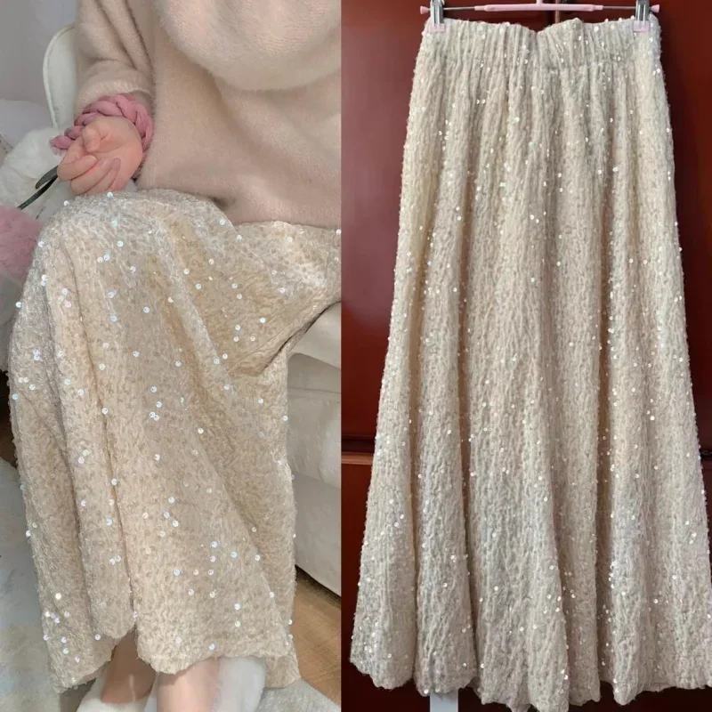 Autumn Bling Bling Sequined Thick Velvet Long Skirt Z677