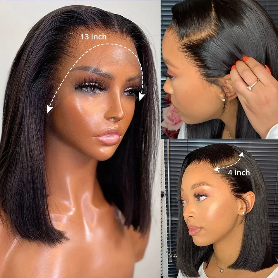 Glueless 7x5 Bob Wigs Human Hair Bone Straight 13x4 Lace Frontal Short Wigs Wear And Go Pre Cut Brazilian Hair 180 Density 10 12 Inch Black Real Hair Wig