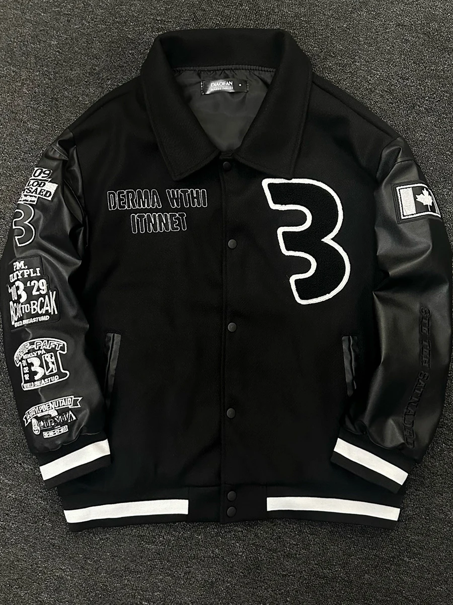 

Retro American Bla Embroidery Baseball Jaet Men's Spring New Sle Loose PU Leather Patchwork Turn-down Collar Jaet